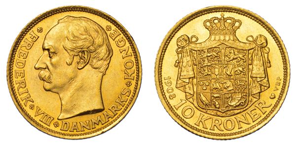DANIMARCA. FREDERIK VIII, 1906-1912. 10 Kroner 1908.