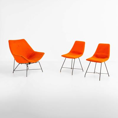 Poltrona mod. Kosmos e due sedie mod. Aster, metallo laccato e tessuto