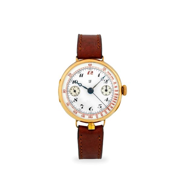Cronografo monopulsante in oro giallo 18k prodotto per la casa automobilistica Isotta Fraschini, quadrante in smalto bianco con numeri Breguet, circa 1910