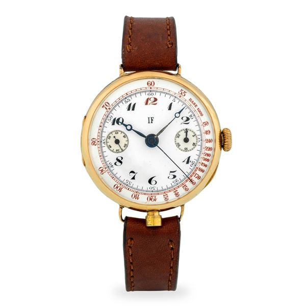 Isotta Fraschini - Cronografo monopulsante in oro giallo 18k prodotto per la casa automobilistica Isotta Fraschini, quadrante in smalto bianco con numeri Breguet, circa 1910
