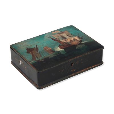 Scatola in legno con velieri dipinti, 16,5 x 12,5 x 4 cm