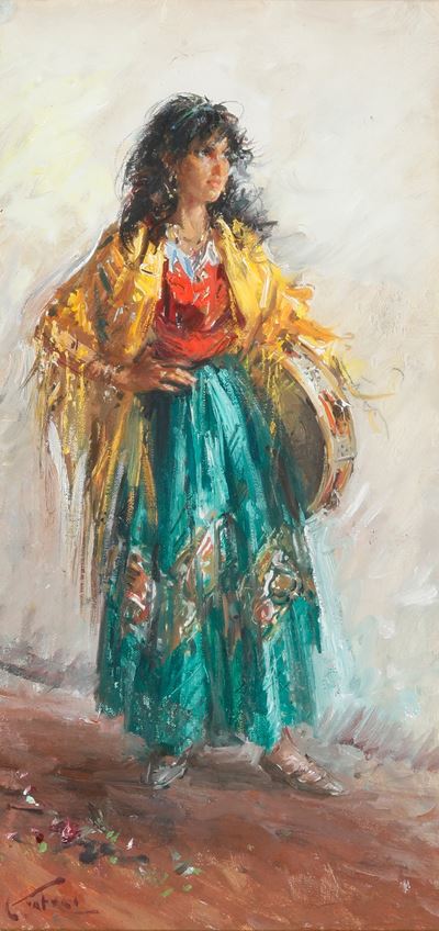 Ragazza con tamburello, olio su tela