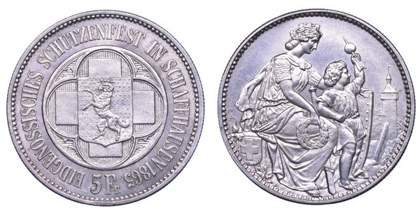 SVIZZERA. TIRI FEDERALI, SCHAFFHAUSEN. 5 Franken 1865.