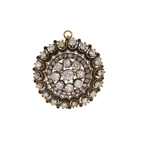 Enamel, old-cut diamond and low-karat gold pendent/brooch