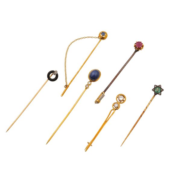 Group of six gem-set, gold, low-karat gold and silver pin