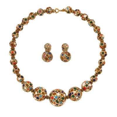 Demi-parure in oro giallo 750/1000 composta da girocollo e orecchini con smalti policromi