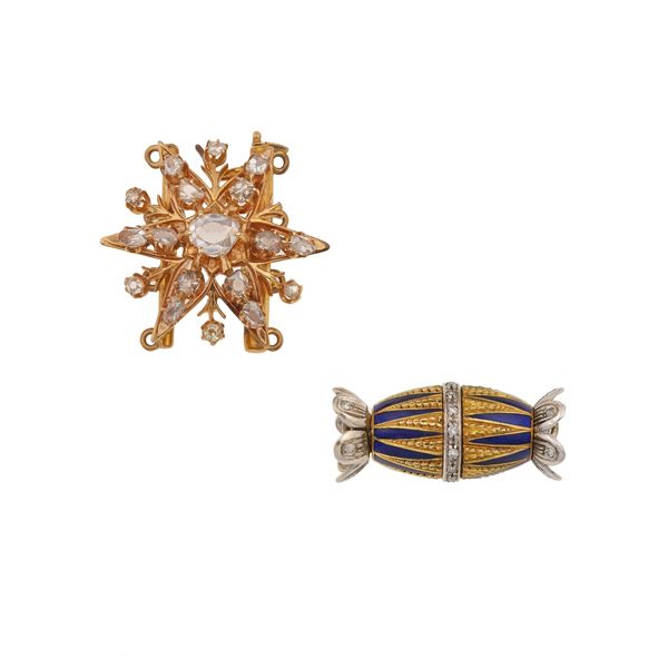 Two diamond, enamel anf gold clasp
