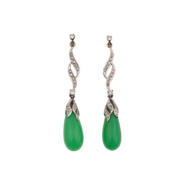 Pair of green chalcedony, diamond and gold earrings
