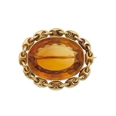 Spilla con quarzo citrino, montatura in oro giallo 750/1000