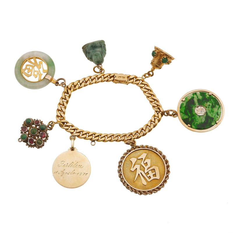 Jadeite, hardstone gold, low-karat gold and silver bracelet  - Auction Fine Jewellery - Cambi Casa d'Aste