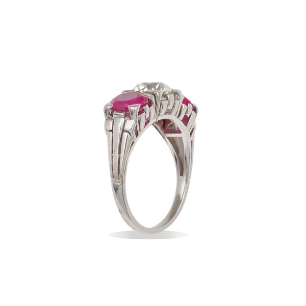 Old-cut diamond, ruby and platinum ring