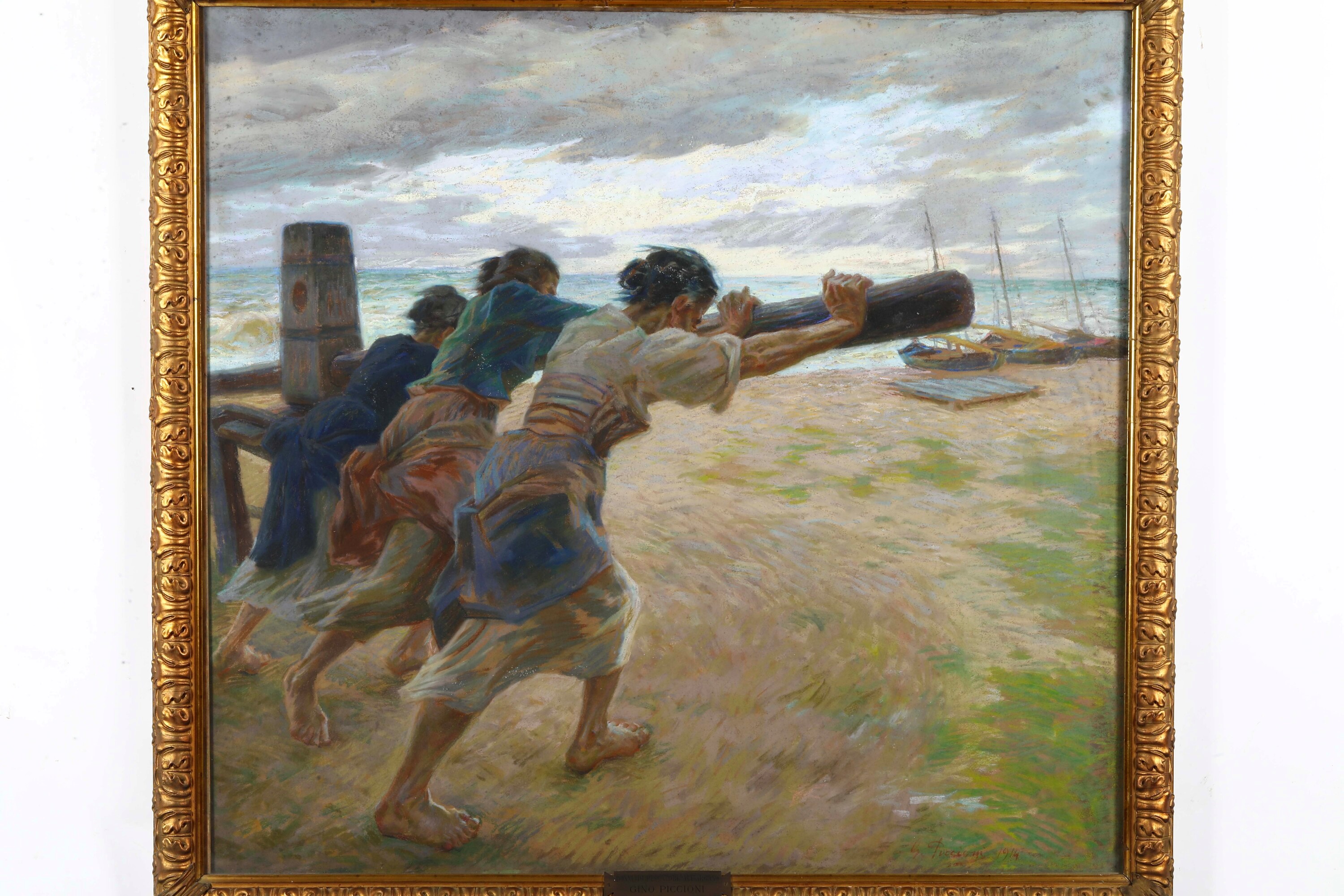 Gino Piccioni - Tre donne pescatrici a riva, pastelli su carta