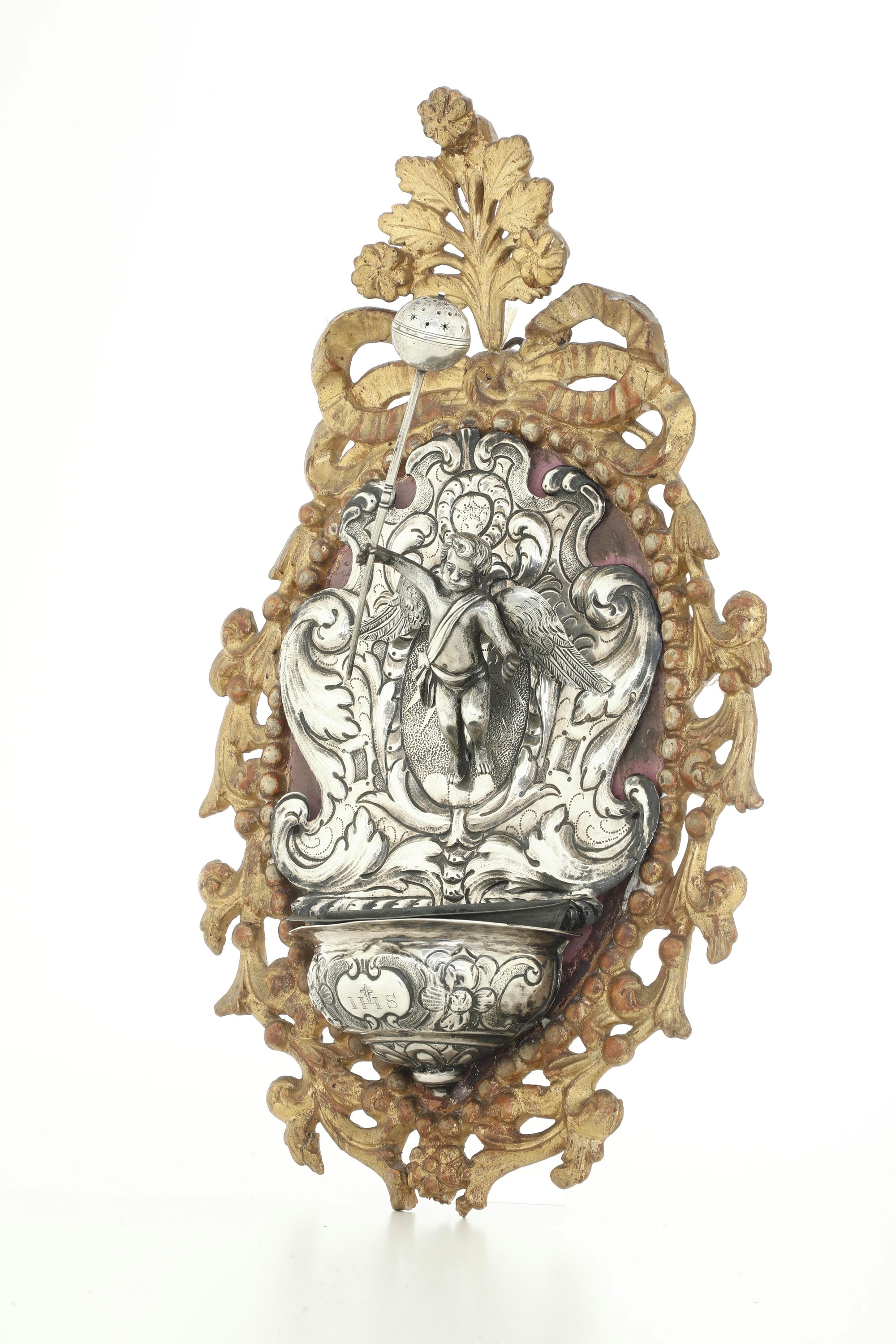 Acquasantiera, argenteria barocca italiana del XVIII secolo (probabilmente Napoli), marchio dell’...