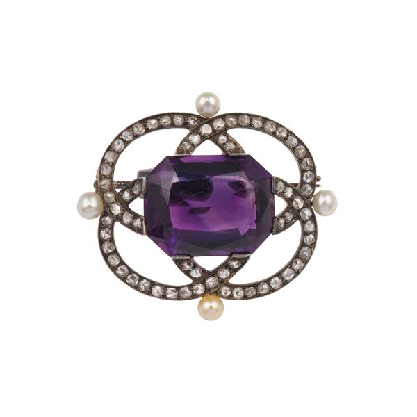 Amethyst, rose-cut diamond, pearl, gold and silver brooch