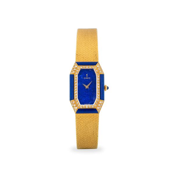 Lady Lapis in oro giallo 18k, cassa e quadrante in pietra Lapislazzuli e diamanti, con scatola originale, circa 1980