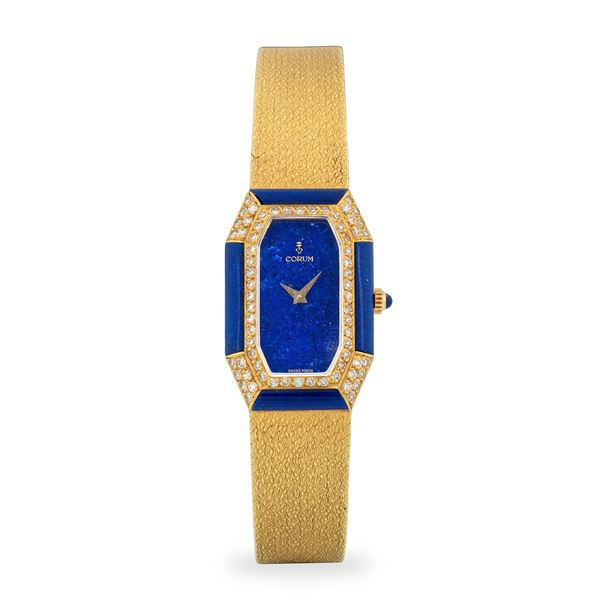 Corum - Lady Lapis in oro giallo 18k, cassa e quadrante in pietra Lapislazzuli e diamanti, con scatola originale, circa 1980