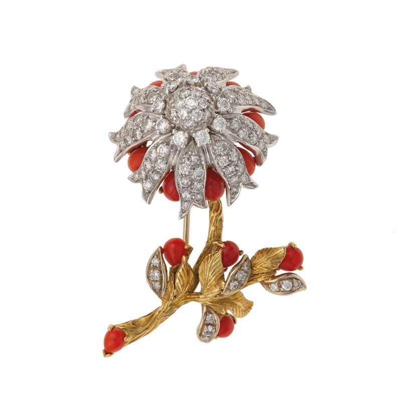Diamond, coral and gold brooch  - Auction Fine Jewellery - Cambi Casa d'Aste