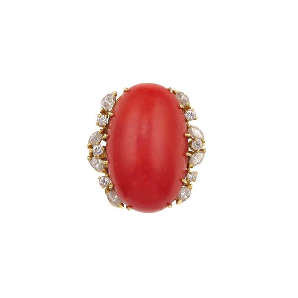 Coral, diamond and gold ring