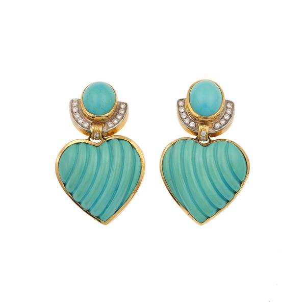 Pair of turquoise, diamond and gold earrings