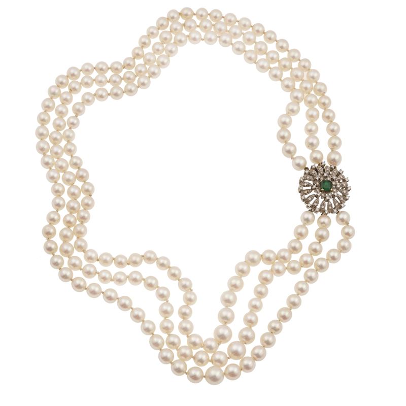 Cultured pearl, diamond, emerad and gold necklace  - Auction Jewels - Cambi Casa d'Aste
