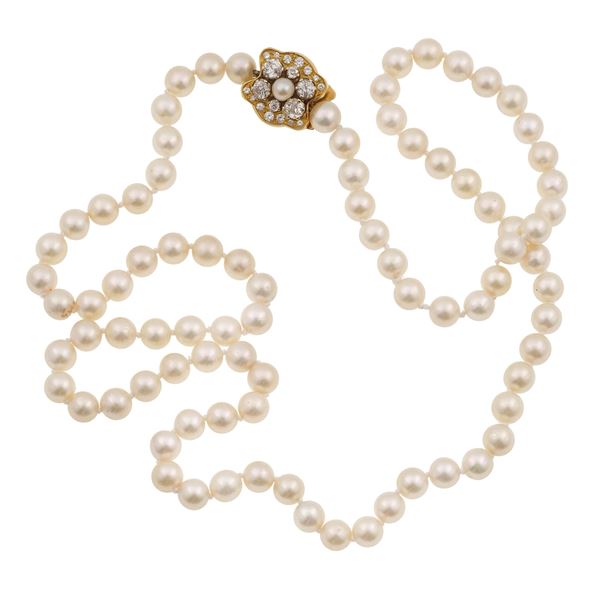 Cultured pearl, diamond and gold necklace