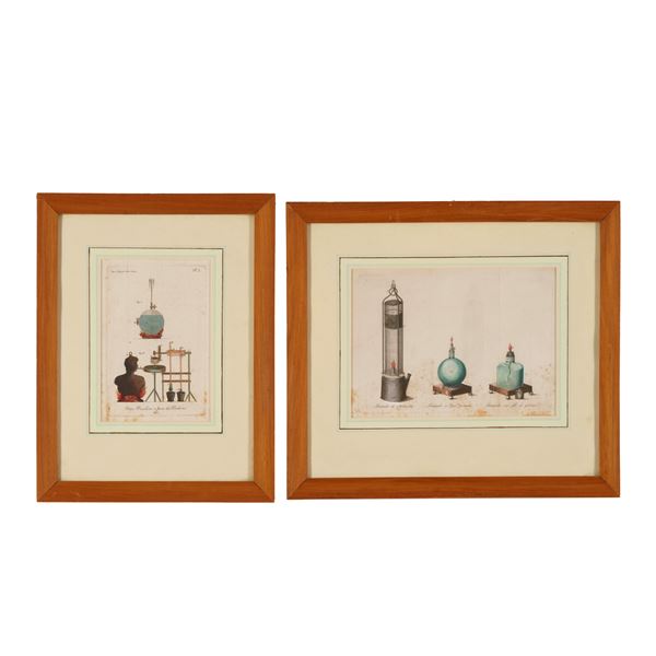 Coppia di incisioni raffiguranti strumenti scientifici, XIX secolo