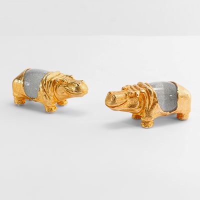 Due Ippopotami, scultura in bronzo dorato con base in vetro di Murano