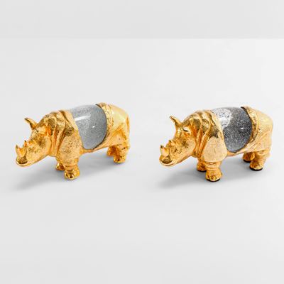 Due Rinoceronti della serie Piccoli Animali, bronzo dorato con uovo in vetro di Murano
