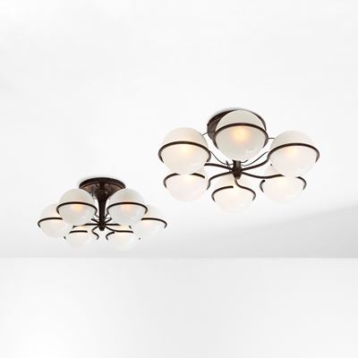 Due lampade a sospensione mod. 2042/6, metallo laccato e vetro satinato, Italia, 1963