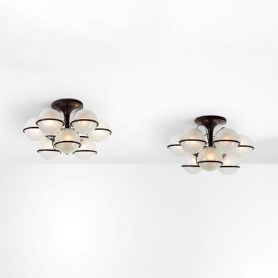Due lampade a plafone mod. 2042/9, metallo laccato e vetro satinato, 1963