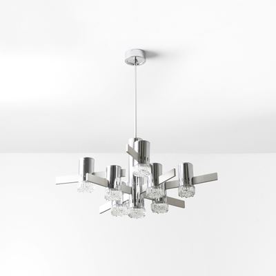 Lampada a sospensione in metallo cromato e vetro stampato