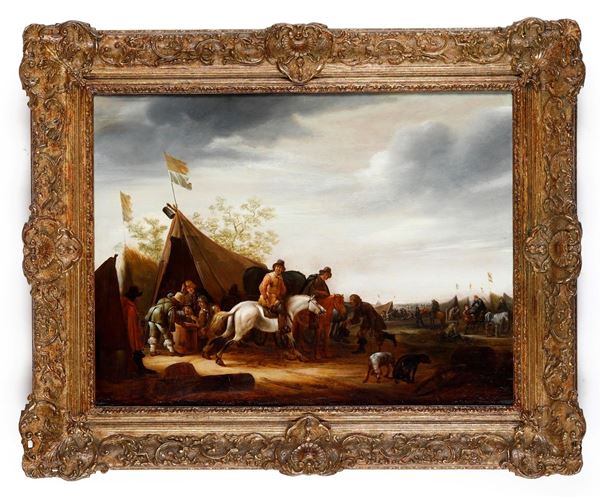 Cavalieri in sosta presso un accampamento militare