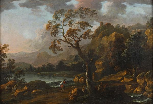 Paesaggio con viandante e fortificazione sullo sfondo<BR>Paesaggio con due viandanti in cammino