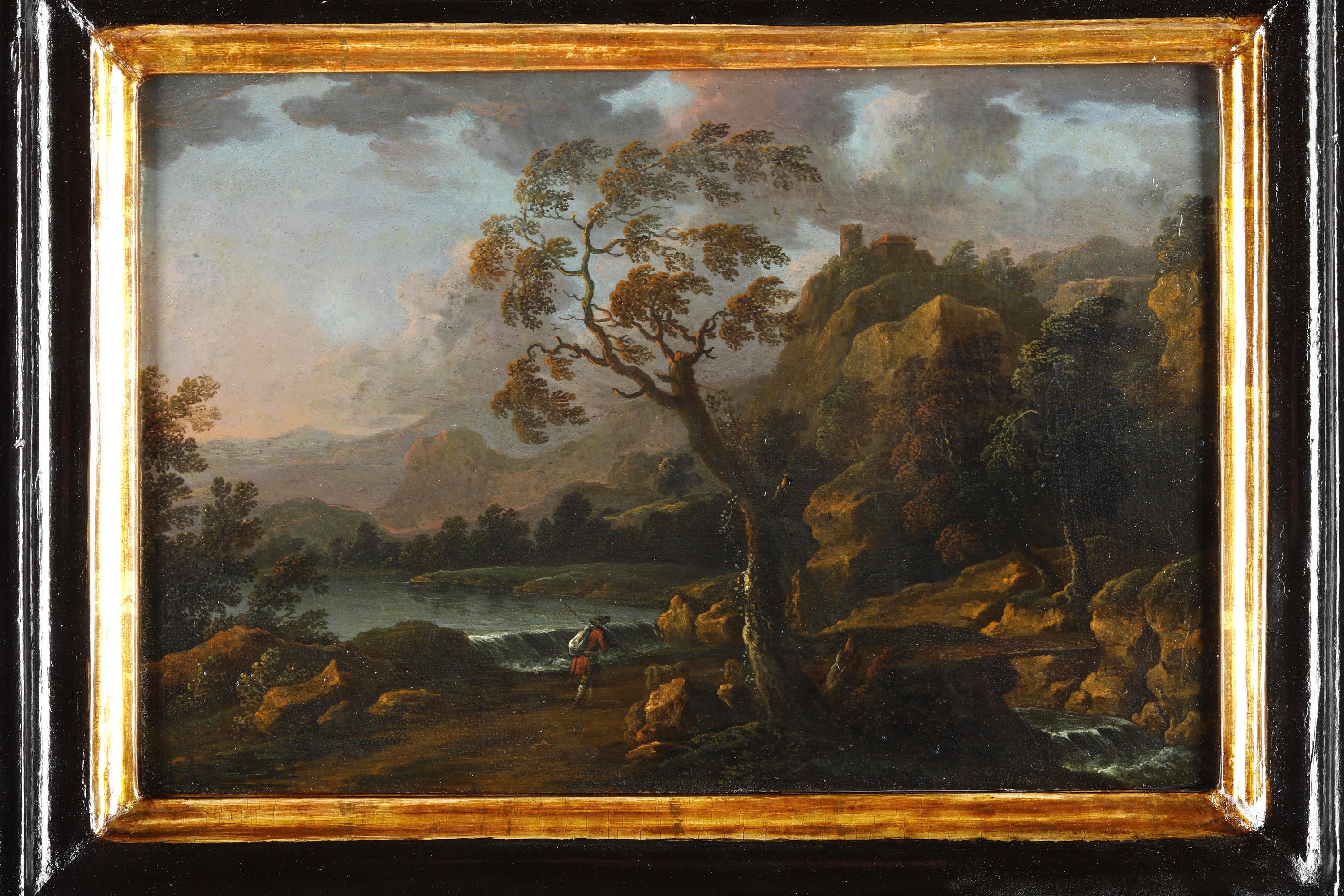 Johann Anton Eismann - Paesaggio con viandante e fortificazione sullo sfondo e Paesaggio con due ...