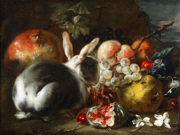 Natura morta di frutta con coniglio