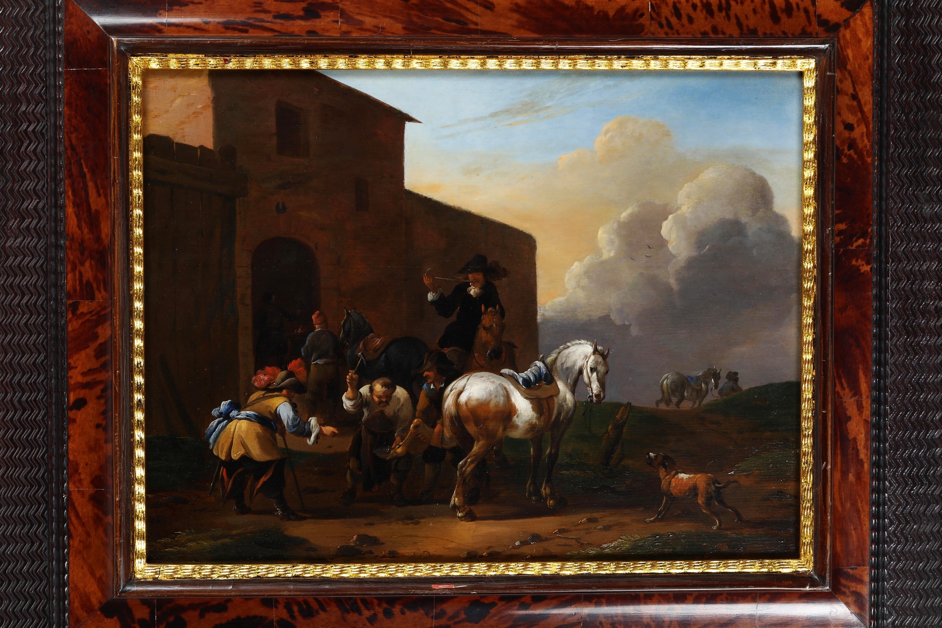 Simon Johannes Van Douw - Cavalieri presso la bottega di un maniscalco, olio su tavola