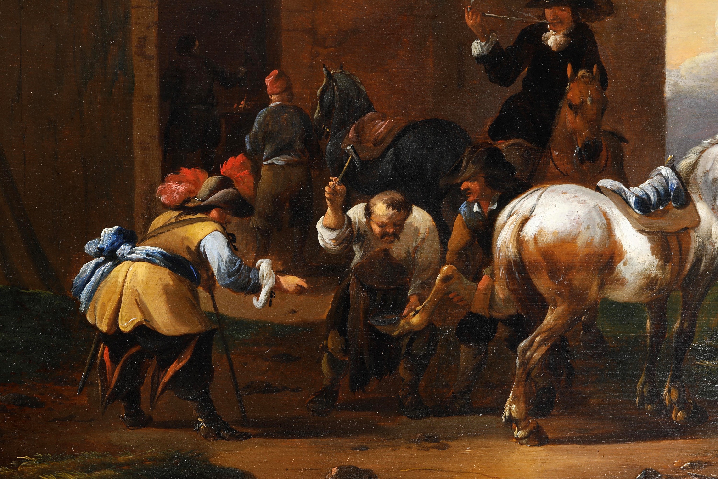 Simon Johannes Van Douw - Cavalieri presso la bottega di un maniscalco, olio su tavola