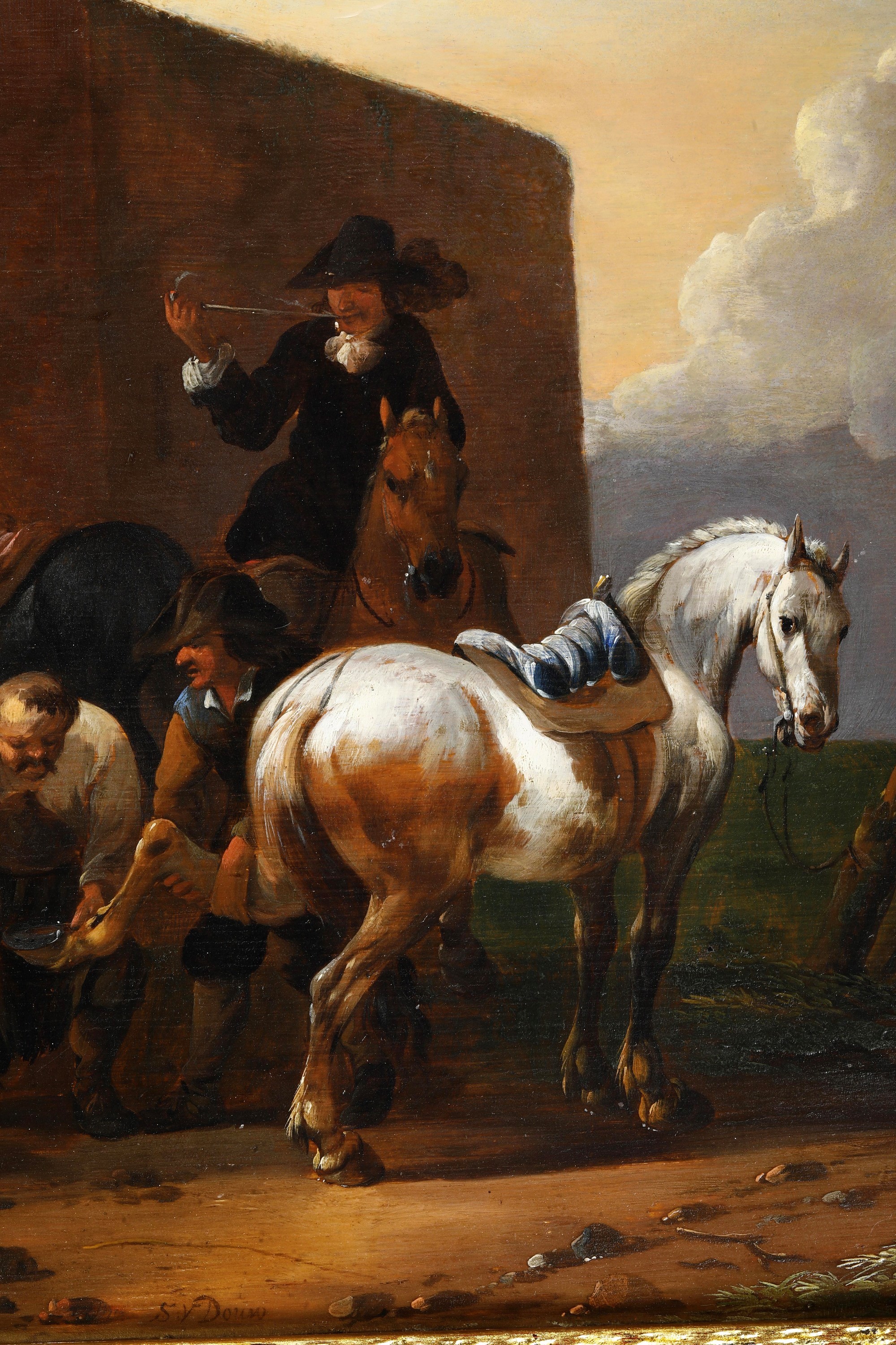 Simon Johannes Van Douw - Cavalieri presso la bottega di un maniscalco, olio su tavola