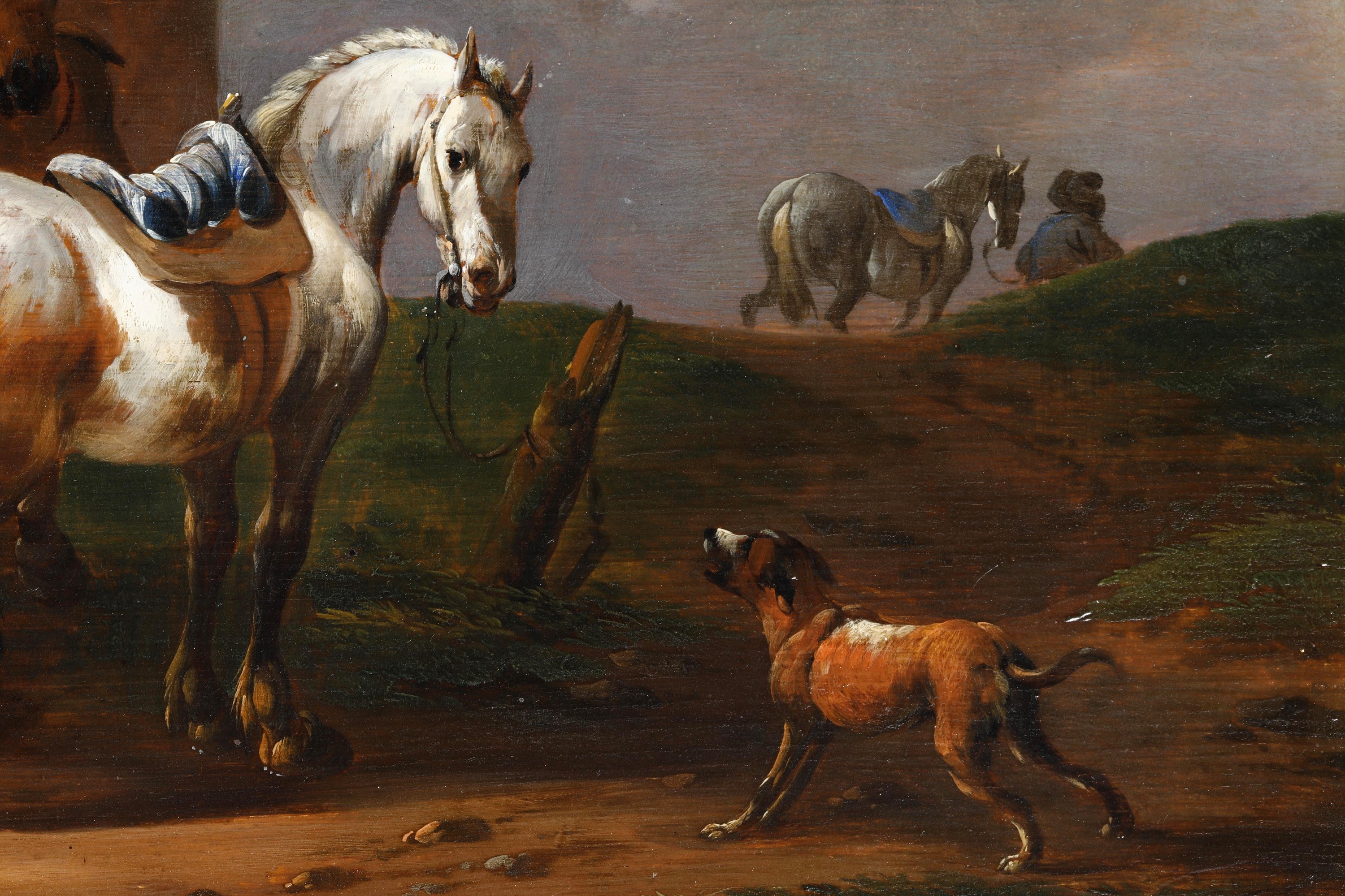 Simon Johannes Van Douw - Cavalieri presso la bottega di un maniscalco, olio su tavola