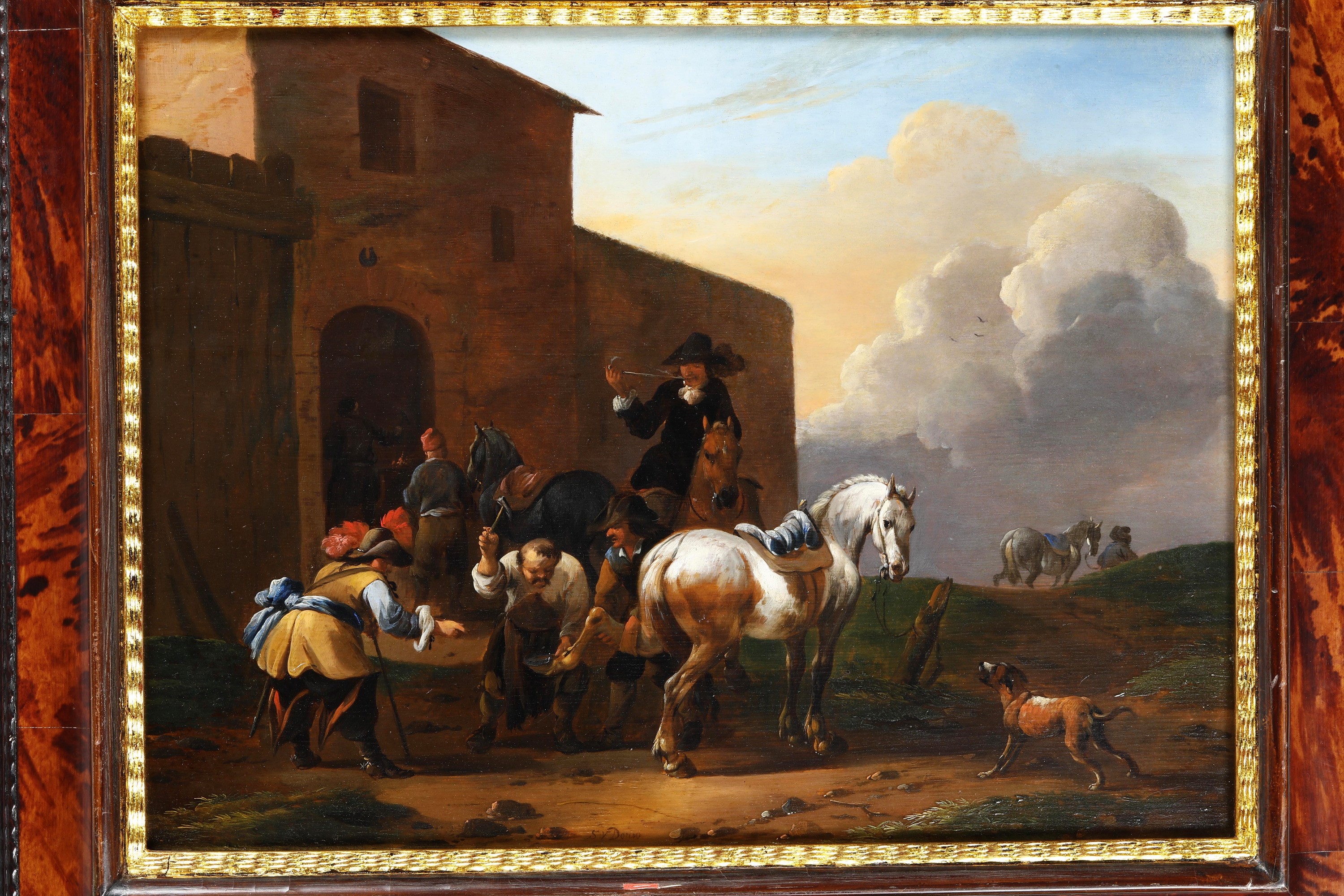 Simon Johannes Van Douw - Cavalieri presso la bottega di un maniscalco, olio su tavola