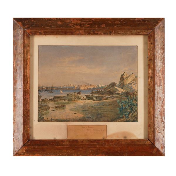 Pittore francese del XIX-XX secolo Veduta di Taranto con una parte della flotta italiana