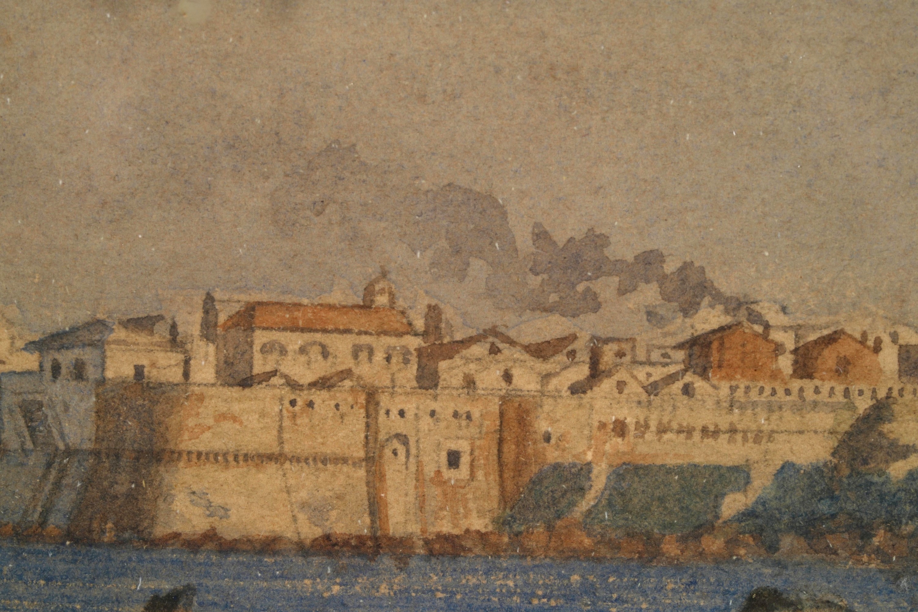 Pittore francese del XIX-XX secolo, Veduta di Taranto con flotta italiana, acquerello su carta