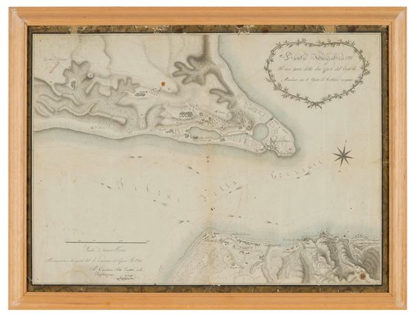 Acquerello con carta dello stretto di Messina. XIX secolo