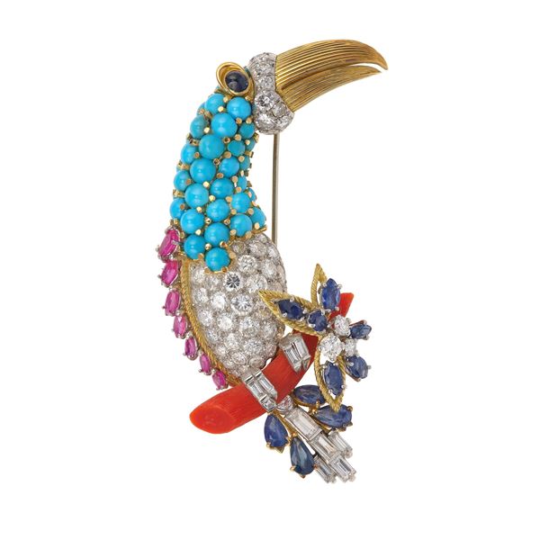 Diamond, gem set and gold brooch
