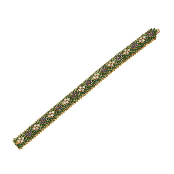 Bracciale con diamanti, zaffiri e smalto verde