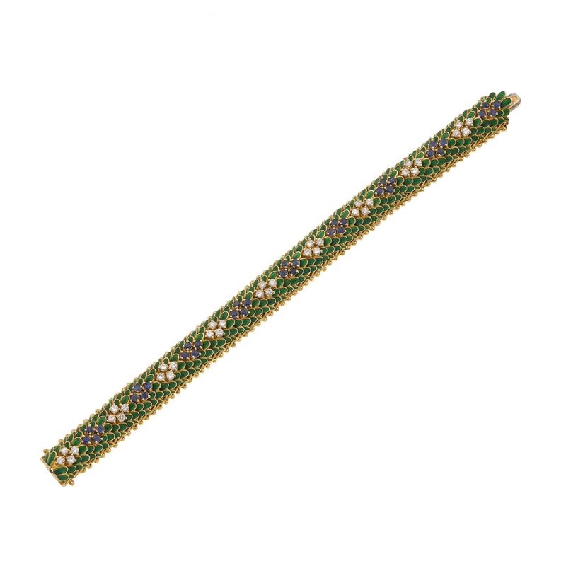 Bracciale con diamanti, zaffiri e smalto verde  - Asta Fine Jewellery - Cambi Casa d'Aste