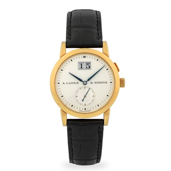 A. LANGE &amp; SÖHNE - Saxonia ref. 105.022 in oro giallo 18k con fondello a vista, quadrante argenté con datario e piccoli secondi al sei, circa 1998