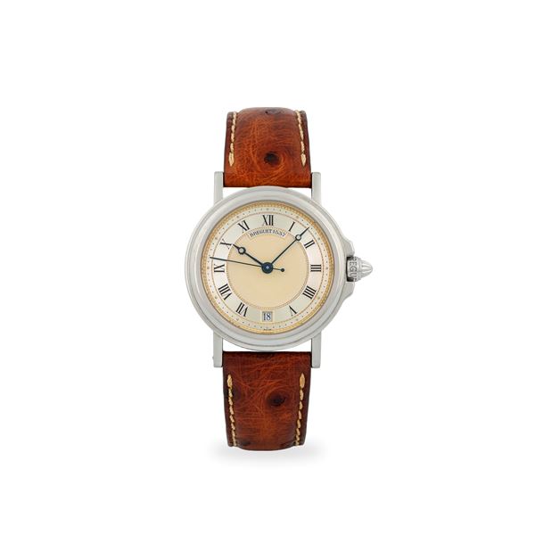 Marine ref. 3400 in platino 950, quadrante argentè con inserto Clous de Paris, numeri Romani e datario al sei, circa 1990