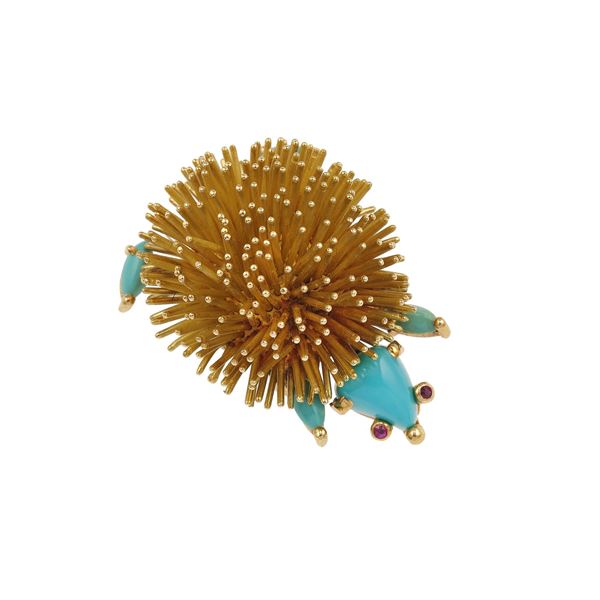 Turquoise, ruby and gold "porcupine" clip. Signed and numbered Van Cleef & Arpels n. 85887