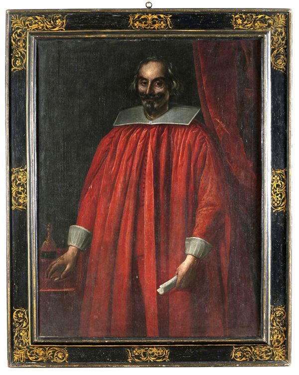 Scuola romana del XVII secolo Ritratto di senatore nello studio